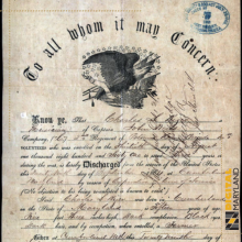 Photo of discharge certificate from Civil War 1864