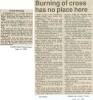 2 Newspaper articles titled "Cross burning" and "Burning of cross has no place here"