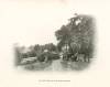Pencil drawing of book wagon on farm road with farm and trees