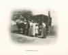 Book wagon with horse 5 people standing looking in wagon for books