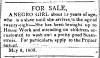 Ad in Maryland Herald and Hagerstown Advertiser, 1809 - "FOR SALE, A NEGRO GIRL"...