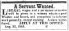 News ad in Herald of Freedom, 1848 - "A Servant Wanted"