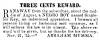 Ad in Herald of Freedom & Torch Light, 1855 - "THREE CENTS REWARD."