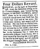 Ad in Washington Spy, 1792 - "Four Dollars Reward." by ALEXANDER McCOLM