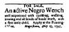 Ad in Washington Spy, 1795 - "For Sale, An active Negro Wench"