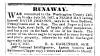 Ad in Herald of Freedom & Torch Light, 1857 - "RUNAWAY." by B.A. GARLINGER, Sh'ff