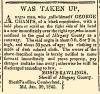 Ad in Alleganian, 1845 - "Was Taken Up," - Moses Rawlings, Sheriff of Allegany County