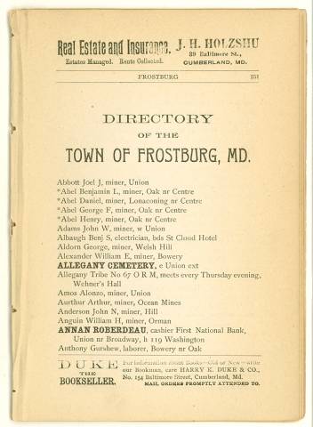 Photocopy of Directory of the Town of Frostburg, MD 1895