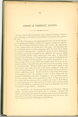 Page 54 from History of Antietam National Cemetery 1869 - "SPEECH OF PRESIDENT JOHNSON"