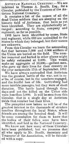 News article in Herald and Torch Light, 1865 - "Antietam National Cemetery"