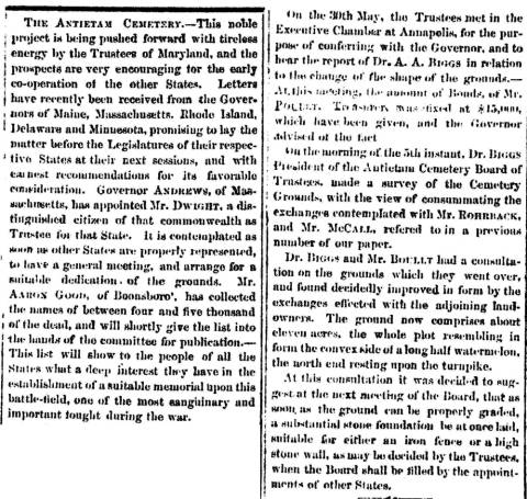 News article in Herald of Freedom and Torch Light, 1865 - "THE ANTIETAM CEMETERY"