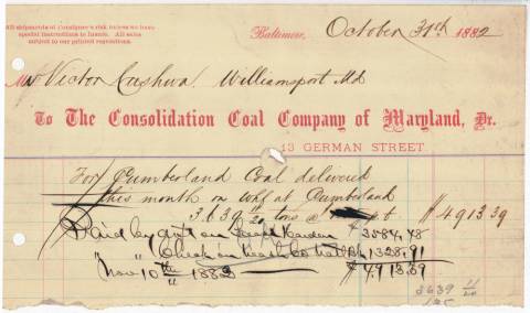 Invoice from Consolidation Coal to Cushwa, 1882