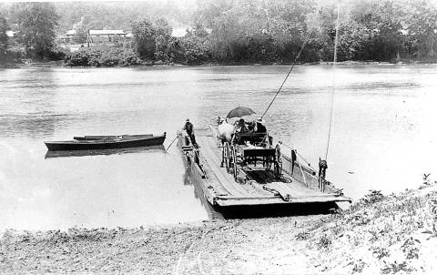 Ferry that operated between Shepherdstown and Bridgeport ; horse and wagon with family, one holding an umbrella, circa unknown