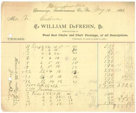 Invoice to Cushwa from DeFrehn's Chair Factory, 1882
