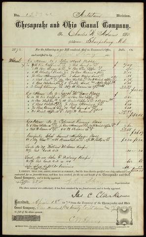 Bill of sale from the Chesapeake and Ohio Canal Company to Charles W. Adams, 1872