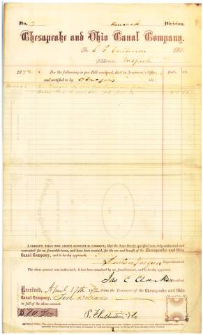 Bill receipt from Chesapeake and Ohio Canal Company, 1872 for $10