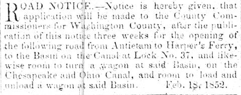 News article in Herald of Freedom & Torch Light, 1852 - "Road Notice."