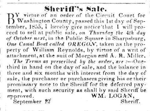 News ad in Herald of Freedom & Torch Light, 1855 - "Sheriff's Sale."