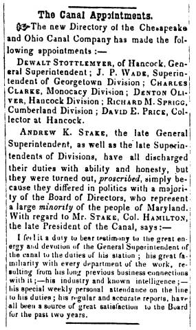Article in Herald of Freedom & Torch Light, 1856 - "The Canal Appointments."