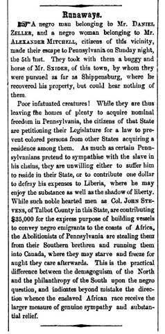 Ad in Herald of Freedom & Torch Light, 185y - "Runaways."