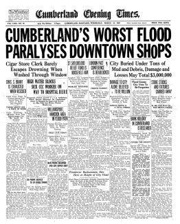 Front page of Cumberland Evening Times with headline "Cumberland's Worst Flood Paralyses Downtown Shops"