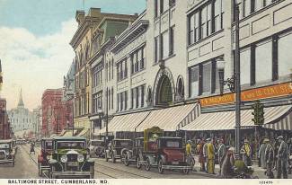Postcard drawing of cars and people on Baltimore Street, Cumberland, MD circa 1930s