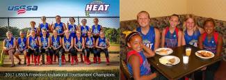 2 photos; team photo of Girl's fast pitch Softball Team - Cumberland Heat; 5 team members eating at restaurant 