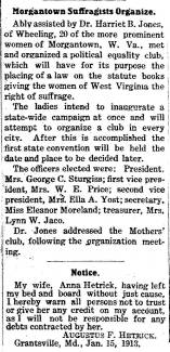 News article from The Republican, article title "Morgantown Suffragists Organize", 1913 