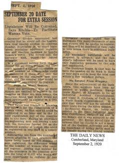 News article clipping from Cumberland Daily News title "September 20 Date For Extra Session", 1920