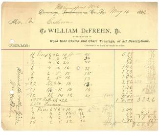Invoice to Cushwa from DeFrehn's Chair Factory, 1882
