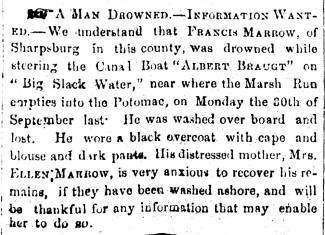 News article in Herald of Freedom & Torch Light, 1863 - "A Man Drowned."