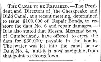 Article in Hagerstown Mail, 1889 - "The Canal To Be Repaired."
