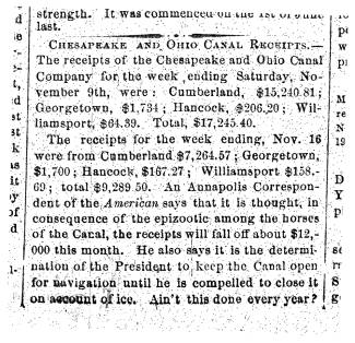 Article in Herald of Freedom & Torch Light, 1872 "Chesapeake and Ohio Canal Receipts."