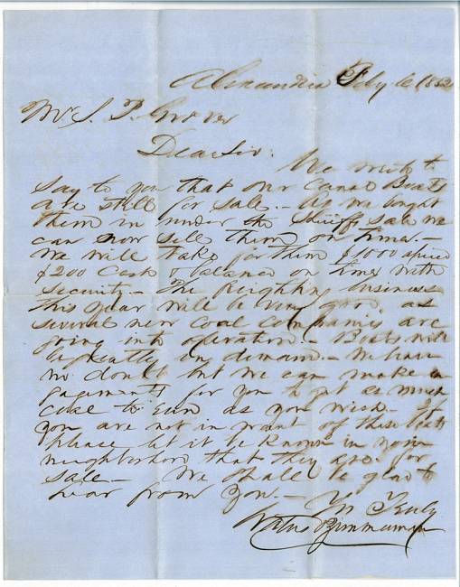 Handwritten letter to Alexandria, Feby 6, 1852