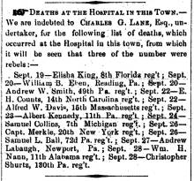 Article in Herald of Freedom & Torch Light, 1862 - "DEATHS AT THE HOSPITAL IN THIS TOWN."