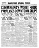 Front page of Cumberland Evening Times with headline "Cumberland's Worst Flood Paralyses Downtown Shops"